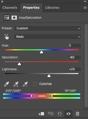Reds Color in Hue/Saturation Panel